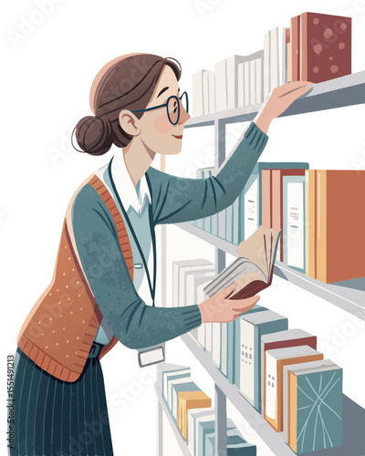 vector of a librarian placing or organizing books on shelf, wearing glasses and ID badge, white background

