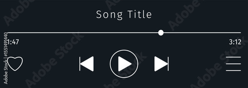Black Music or video play bar icon. Audio media player for songs or podcast playlist with Song Title text. Control Button. Dark theme. Editable stroke. Simple mini display.