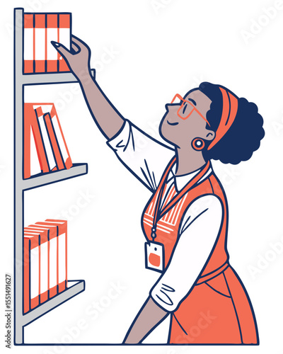vector of a librarian placing or organizing books on shelf, wearing glasses and ID badge, white background

