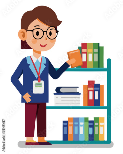vector of a librarian placing or organizing books on shelf, wearing glasses and ID badge, white background
