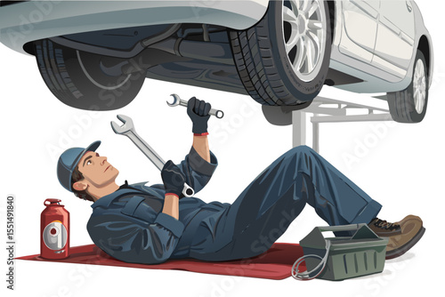 vector of a mechanic lying on creeper beneath vehicle, holding wrench, oil can nearby, white background
