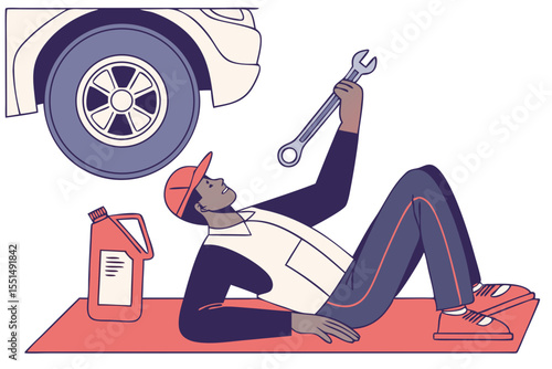 vector of a mechanic lying on creeper beneath vehicle, holding wrench, oil can nearby, white background

