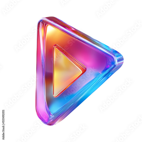 Holographic 3D play button icon design featuring vibrant iridescent colors and a modern, shiny appearance. isolated on a white background