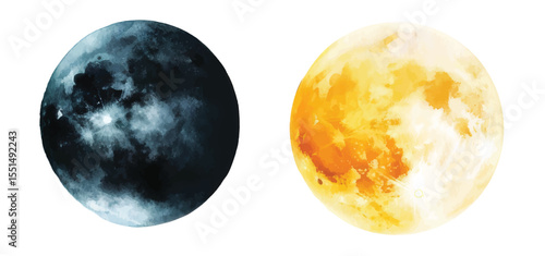 Watercolor black and yellow full moons or planets, hand drawn illustration vector isolated on white background