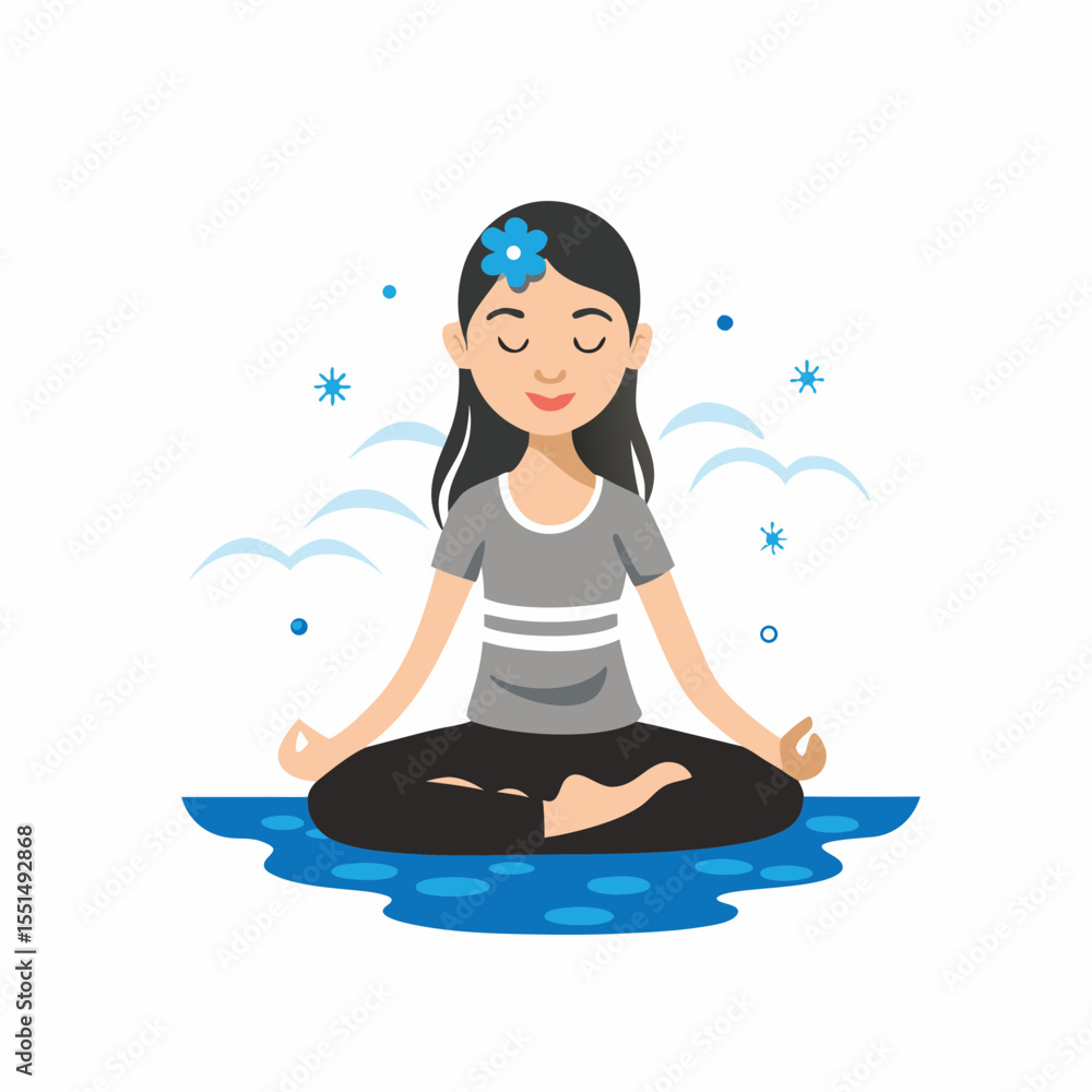 Illustration of a woman meditating on water with a calm expression and peaceful surroundings
Illustration of a woman meditating on water with a calm expression and peaceful surroundings