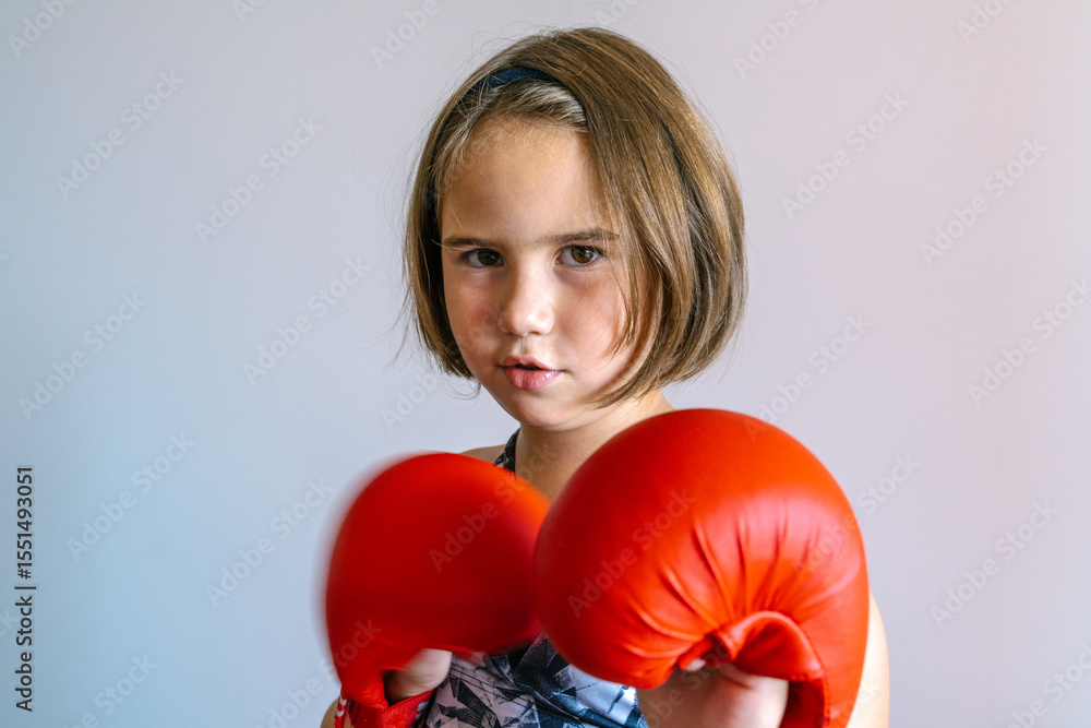 A serious young girl wearing red boxing gloves poses confidently, ready for action. Captured with selective focus. Symbol of kids’ strength, discipline, and healthy habits. A serious young girl wearing red boxing gloves poses confidently, ready for action. Captured with selective focus. Symbol of kids’ strength, discipline, and healthy habits.