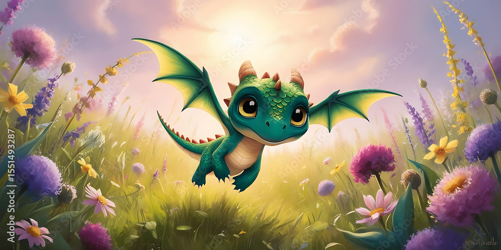 Fototapeta premium Joyful Green Dragon with Big Eyes Flying Over Colorful Flower Field Under Sunny Sky