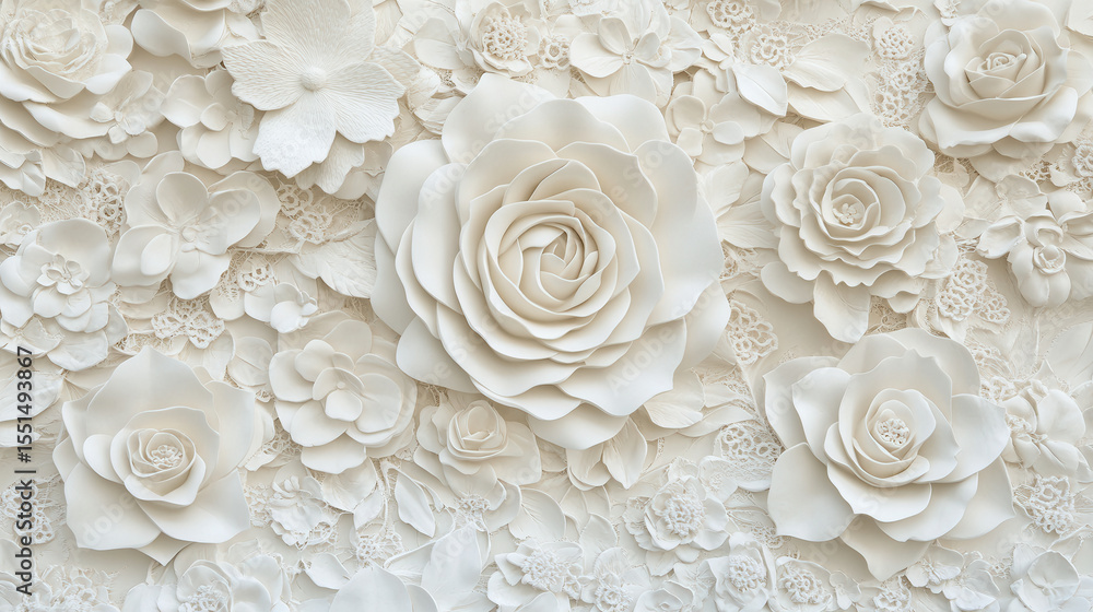 Elegant floral ornament with white roses and lace for refined home decoration and 3D wall art inspiration Elegant floral ornament with white roses and lace for refined home decoration and 3D wall art inspiration