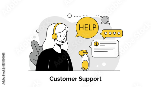 Female customer support representative wearing headphones, providing assistance in a modern office setting.