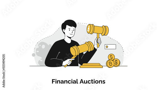 Young man in a black shirt holding gavel at a financial auction in a modern office setting. Auctioneer holding auction gavel for financial transactions.