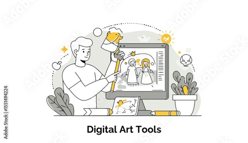 A young man in casual clothing uses a computer to create digital art in a home workspace, ideal for promoting creativity, digital tools, or freelance lifestyle editorial content.