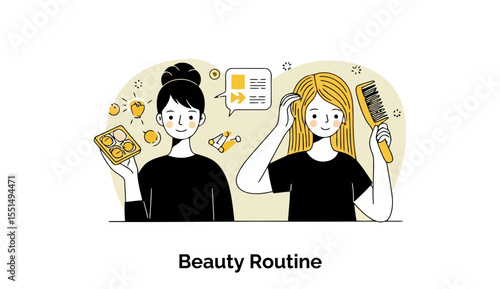 Young women demonstrate makeup application and hair care routines in a stylish space, great for editorial or advertising use in beauty, cosmetics, and personal care industries.