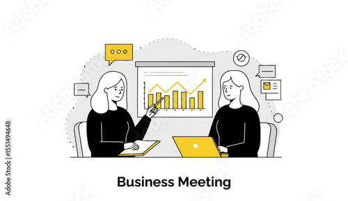 Two female colleagues in business attire, seated at a conference table, participate in a presentation. One woman is presenting a graph while the other is taking notes.