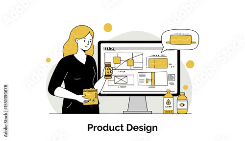 Young woman in a black dress presenting product design prototypes on a computer screen in a modern office setting.