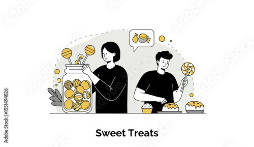 Young adults in casual black clothing interacting with sweet treats in a kitchen setting. Two individuals display and select various confections from a large jar of candies and prepare baked goods.