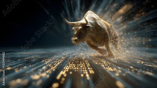 Golden Bull Charging Forward: Abstract Digital Art, Dynamic Energy