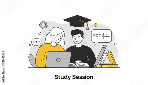 Young female and male students studying together with laptop and books in a study session. Focused, collaborative learning environment with academic materials.