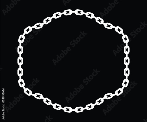Minimalist black chain outline forms a clean oval frame. Geometric repeating links on pure white background. Flat top-down perspective, no shadows or details. Simple decorative element.	