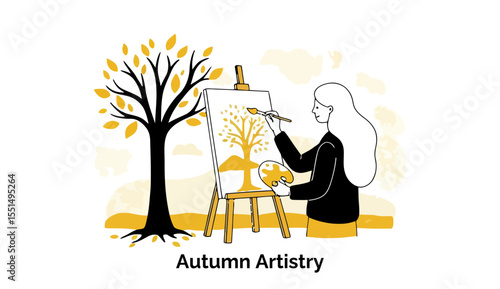 Female artist painting an autumn tree in a park setting. Creating a piece of art on an easel with a fall landscape as a backdrop. Professional artist in a park. Autumn inspiration.