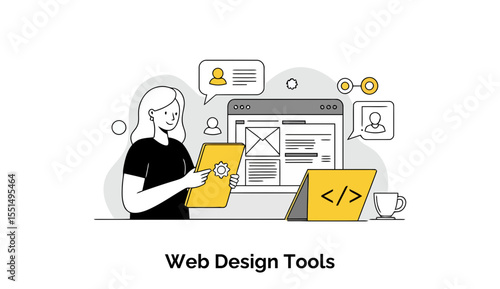 A young woman in a black t-shirt interacts with web design tools on a tablet and computer screen. She is using the tools to create content and design elements for a website.