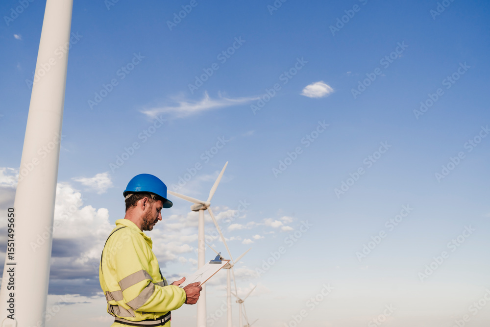 Engineer wearing hardhat working by wind turbines Engineer wearing hardhat working by wind turbines