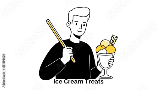 Young adult male presenting ice cream sundae in a casual setting. Holding a sundae with a smile, against a plain background. Young adult, ice cream shop employee, retail location -