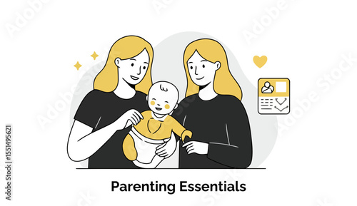 Two blonde women in casual black tops hold a baby in a diaper, in a simple, modern illustration. Caring parents holding their infant child at home.