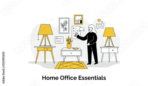 A young adult female in a black top, working from home, making notes on a whiteboard in a bright, well-lit home office. A female professional working at home on a project.