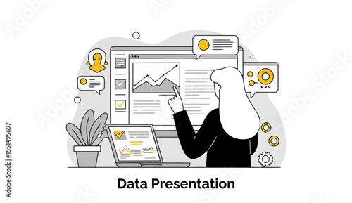 A female professional presents data and analytics on a screen in a sleek modern office, ideal for editorials or ads about business intelligence or productivity tools.