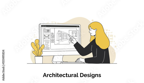 Female architect reviewing building plans on computer in office setting. Examining architectural design with computer monitor and keyboard.
