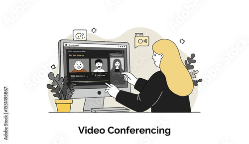 Young woman in business attire participates in a video conference in a home office setting. Woman interacting with computer screen display multiple participants.