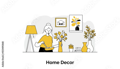 Young woman arranging flowers in a home decor setting. Woman in yellow top and black skirt in living room with various decor. Interior designer arranging decor in modern home -