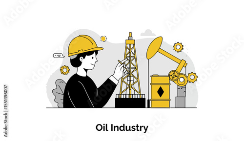 Oil Industry worker in hard hat examining oil rig model. Engineer reviewing construction plans with oil field background.