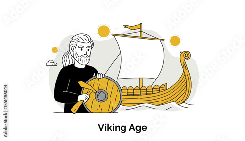 Viking Age man in black attire holding a shield, standing by a longship in a historical setting. Historical figure in a coastal location -