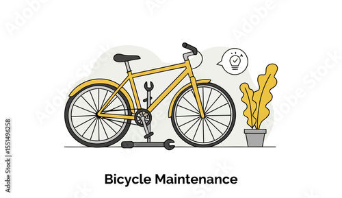 Yellow bicycle with tools, ready for maintenance in a home setting. Simple illustration of bicycle maintenance, ready for repairs. General public or amateur cyclist. home workshop.