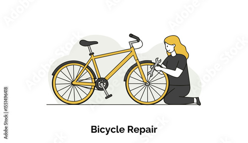 A young woman in casual clothing repairs a yellow bicycle, kneeling beside it with tools in hand. A woman repairing a bicycle outdoors.