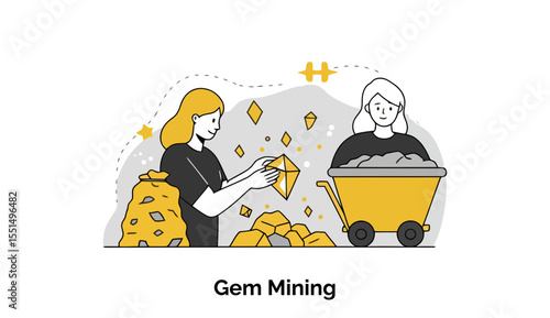 Female gem miners in black clothing sort through rocks and gems in a mine shaft, ideal for use in educational content or ads related to the gem or mining industry.