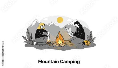 Two female adventurers in casual clothing are seated around a campfire in a mountainous setting, enjoying a relaxing moment in nature. Relaxing by a campfire with a map, outdoors near mountains.