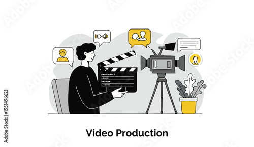 Young adult video production professional holding a clapperboard and operating a camera in a studio setting. Professional video production scene with equipment and diverse team.