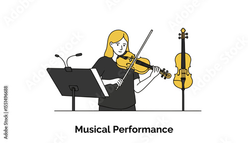 Young woman playing violin on stage with microphone stand. Focused pose in concert hall. Female musician performing at concert venue -