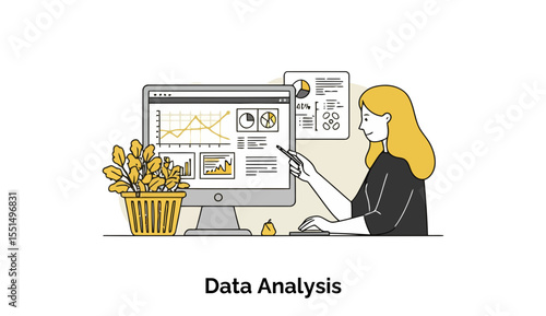 A young woman in a black business outfit, explaining data analysis on a computer screen in an office setting.