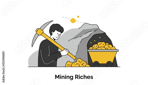 A male miner in casual work attire is shown extracting gold from inside a cave, in a clean, simple illustration symbolizing wealth acquisition and the traditional concept of gold mining.