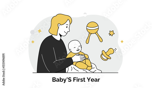 A young mother cradles her baby, wearing casual clothing in a modern home setting. The mother is gently holding the baby, with toys in the background, symbolizing the baby's first year at home.