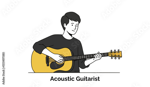 Young male acoustic guitarist playing a guitar in a casual setting. Male musician playing an acoustic guitar in a studio or concert hall environment.