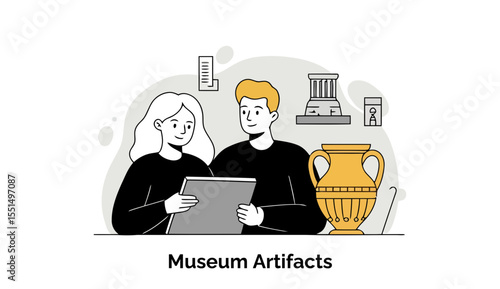 Museum staff reviewing ancient artifacts in a museum exhibit. Female and male staff looking at tablet display of items with antique vases in background.
