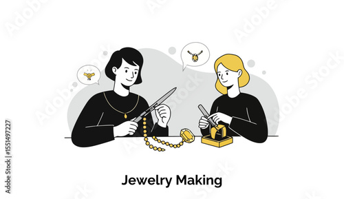 Female jewelry makers collaborating on a piece in a workshop setting. Two women, one with dark hair and one with light blonde hair, are working together on a jewelry creation, seated at a table.