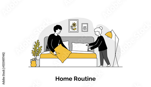 Young couple making bed in bedroom with morning light. Couple making their bed in a modern bedroom with subtle décor.
