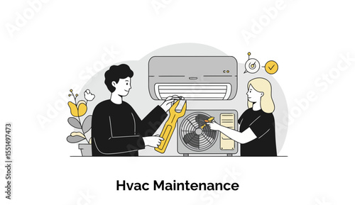 HVAC Maintenance Technicians performing routine maintenance on an air conditioning unit in a home setting. Young adults working together on the repair process in a residential setting.