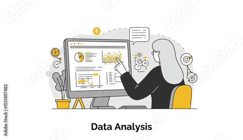 A female data analyst in a business setting, pointing at a computer screen with data visualizations. Modern businesswoman engaged in data analysis at a modern office.