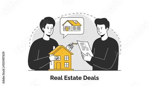 Two young adults in casual wear discussing a real estate deal in an office setting. They examine a model house and documents, showcasing a collaborative discussion about a property transaction.